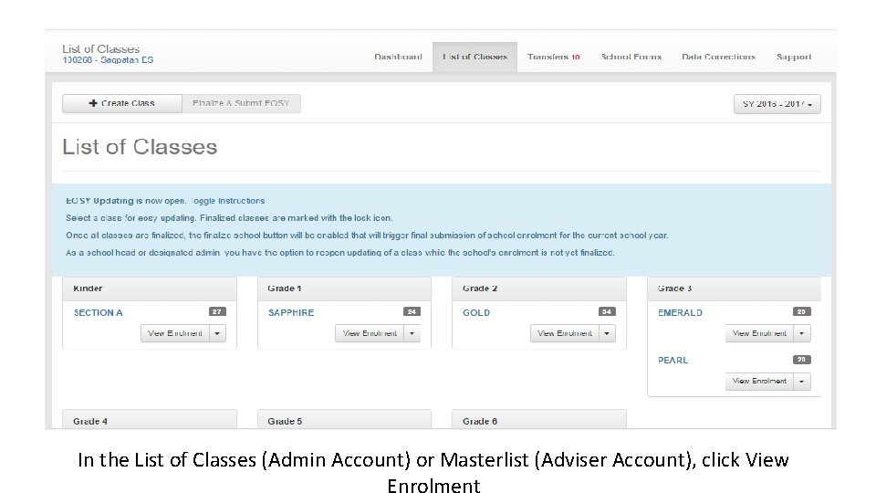 In the List of Classes (Admin Account) or Masterlist (Adviser Account), click View Enrolment