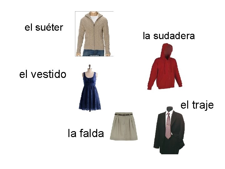 el suéter la sudadera el vestido el traje la falda 