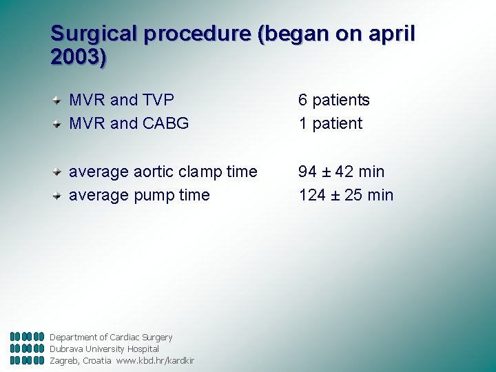 Surgical procedure (began on april 2003) MVR and TVP MVR and CABG 6 patients