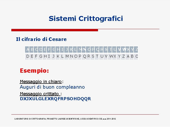 Sistemi Crittografici Il cifrario di Cesare A B C D E F G H