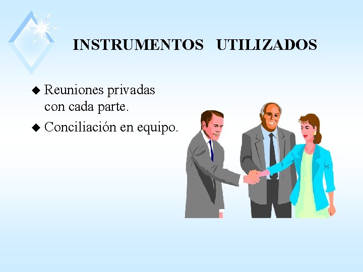 INSTRUMENTOS UTILIZADOS u Reuniones privadas con cada parte. u Conciliación en equipo. 