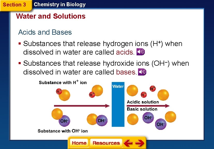 Section 3 Chemistry in Biology Water and Solutions Acids and Bases § Substances that
