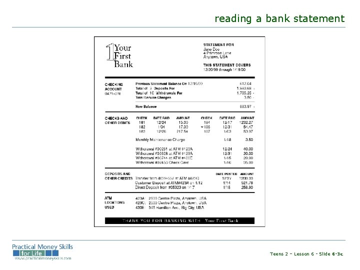 reading a bank statement Teens 2 – Lesson 6 - Slide 6 -3 c