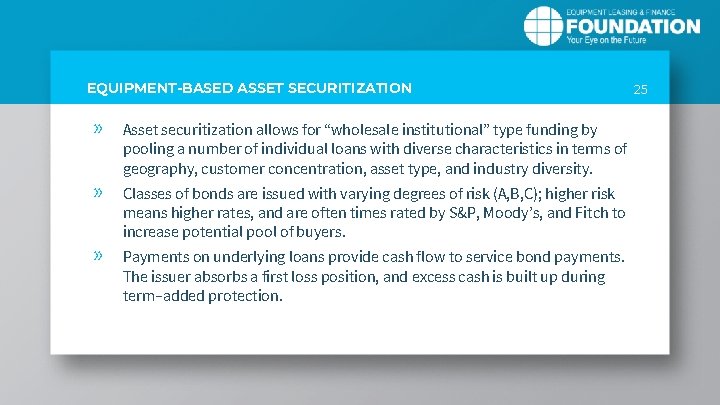 EQUIPMENT-BASED ASSET SECURITIZATION » » » Asset securitization allows for “wholesale institutional” type funding