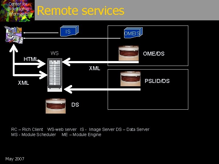 Center for Bioimaging Informatics Remote services IS OMEIS WS OME/DS HTML XML PSLID/DS XML