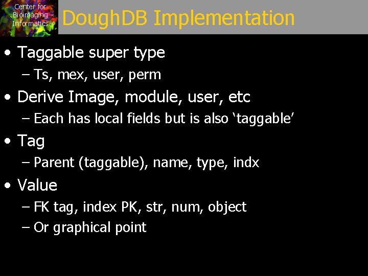 Center for Bioimaging Informatics Dough. DB Implementation • Taggable super type – Ts, mex,