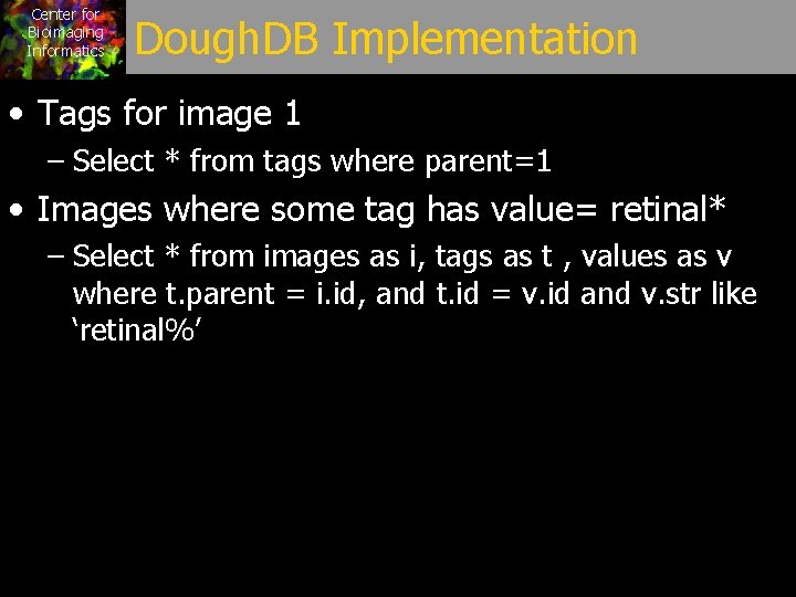 Center for Bioimaging Informatics Dough. DB Implementation • Tags for image 1 – Select