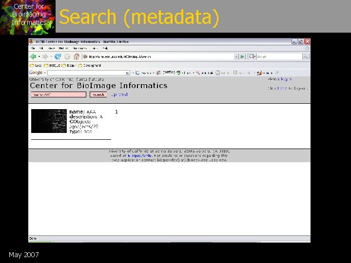 Center for Bioimaging Informatics May 2007 Search (metadata) 
