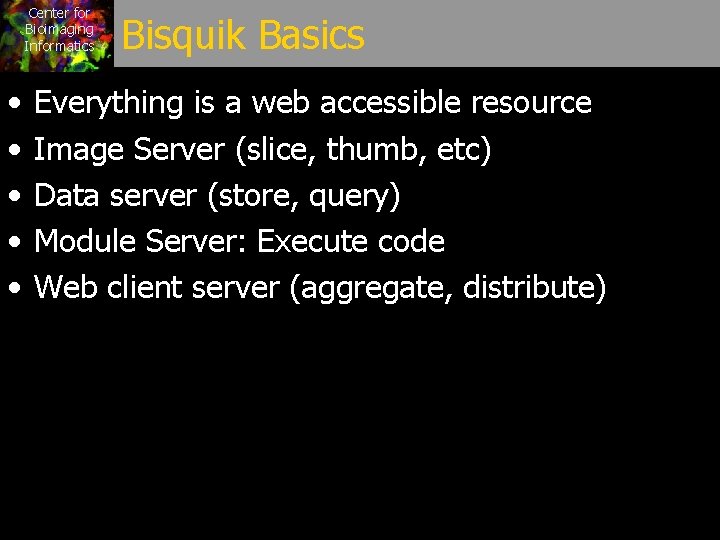 Center for Bioimaging Informatics • • • Bisquik Basics Everything is a web accessible