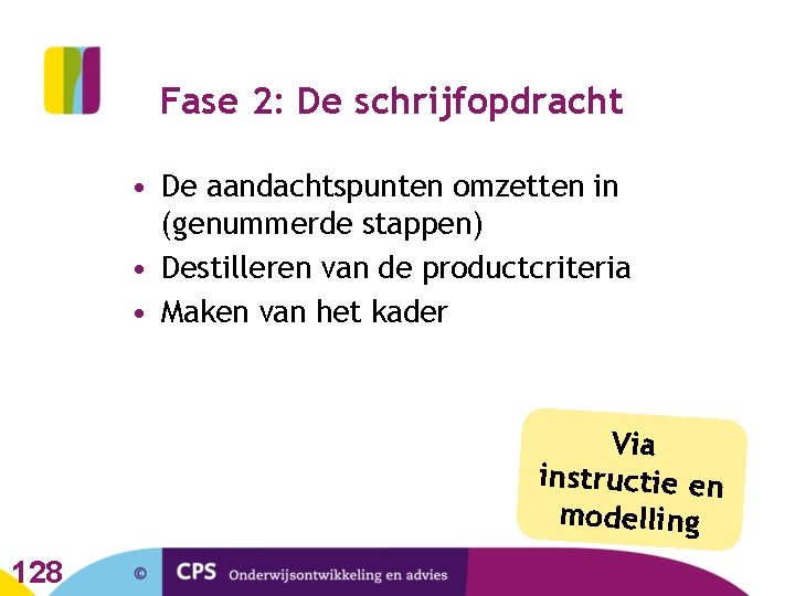 Fase 2: De schrijfopdracht • De aandachtspunten omzetten in (genummerde stappen) • Destilleren van