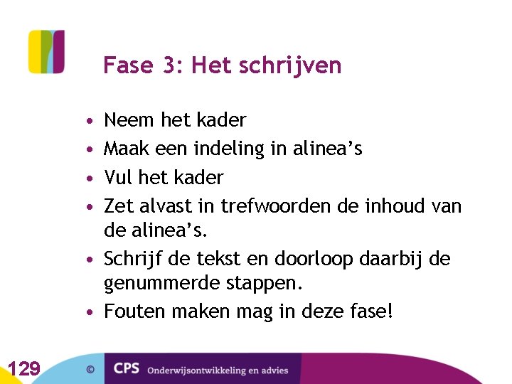 Fase 3: Het schrijven • • Neem het kader Maak een indeling in alinea’s