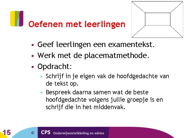 Oefenen met leerlingen • Geef leerlingen examentekst. • Werk met de placematmethode. • Opdracht: