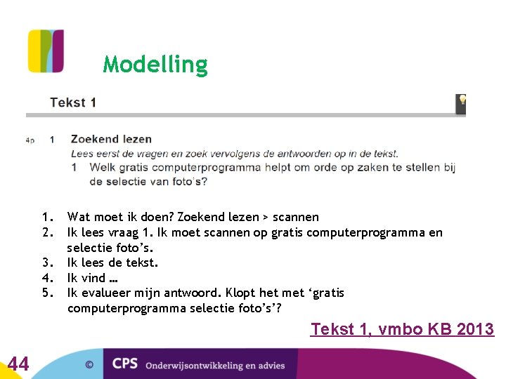 Modelling 1. 2. 3. 4. 5. Wat moet ik doen? Zoekend lezen > scannen