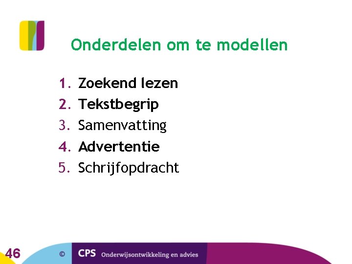 Onderdelen om te modellen 1. 2. 3. 4. 5. 46 Zoekend lezen Tekstbegrip Samenvatting