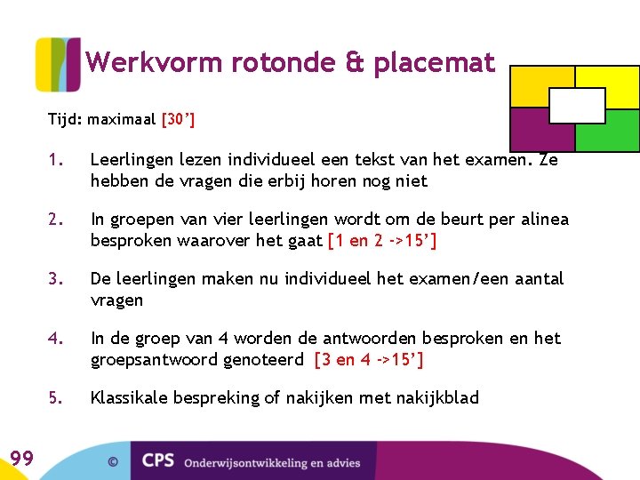 Werkvorm rotonde & placemat Tijd: maximaal [30’] 99 1. Leerlingen lezen individueel een tekst