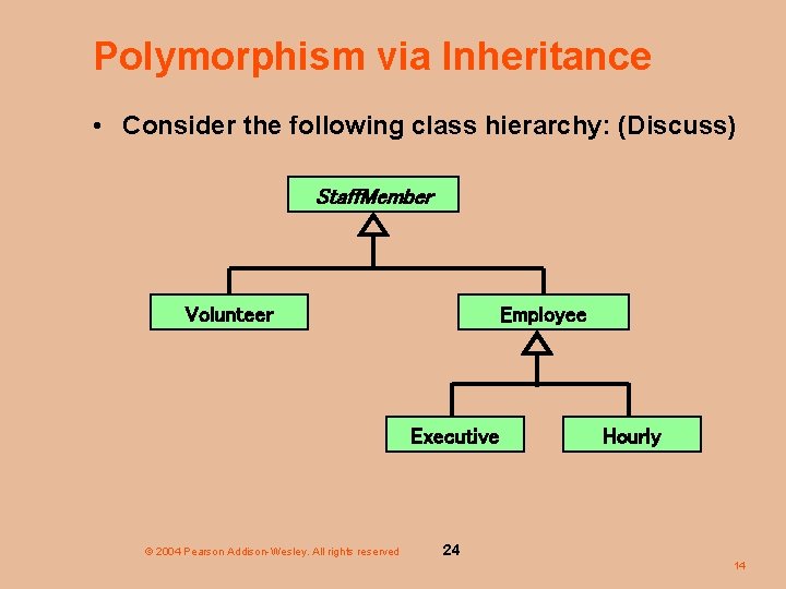 Polymorphism via Inheritance • Consider the following class hierarchy: (Discuss) Staff. Member Volunteer Employee