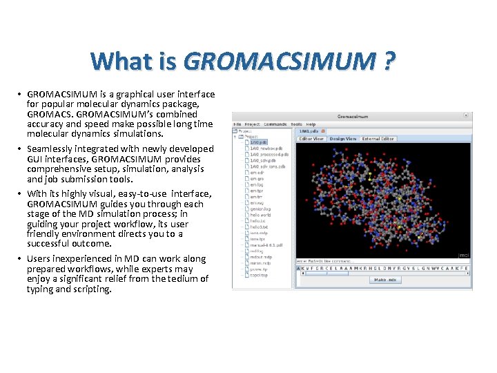 What is GROMACSIMUM ? • GROMACSIMUM is a graphical user interface for popular molecular