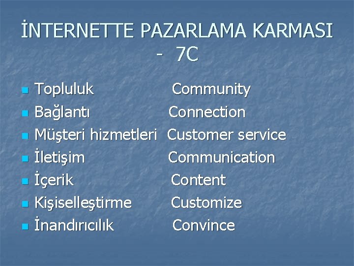 İNTERNETTE PAZARLAMA KARMASI - 7 C n n n n Topluluk Bağlantı Müşteri hizmetleri