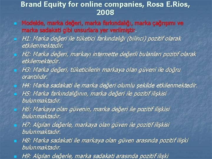Brand Equity for online companies, Rosa E. Rios, 2008 n n n n n