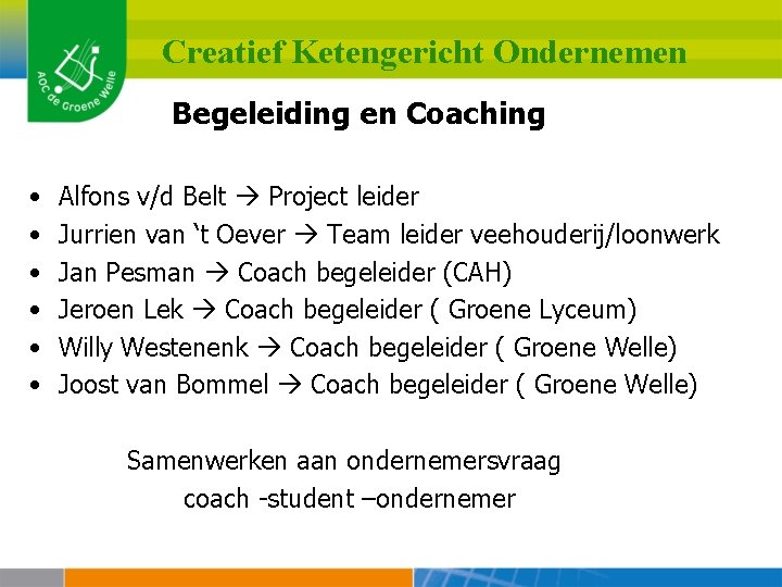 Creatief Ketengericht Ondernemen Begeleiding en Coaching • • • Alfons v/d Belt Project leider