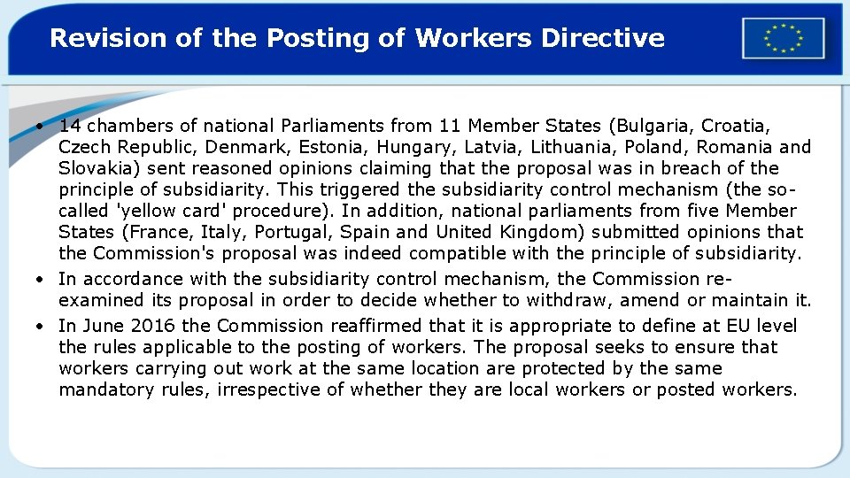Revision of the Posting of Workers Directive • 14 chambers of national Parliaments from