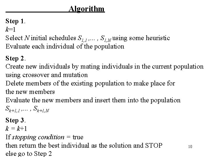 Algorithm Step 1. k=1 Select N initial schedules S 1, 1 , . .