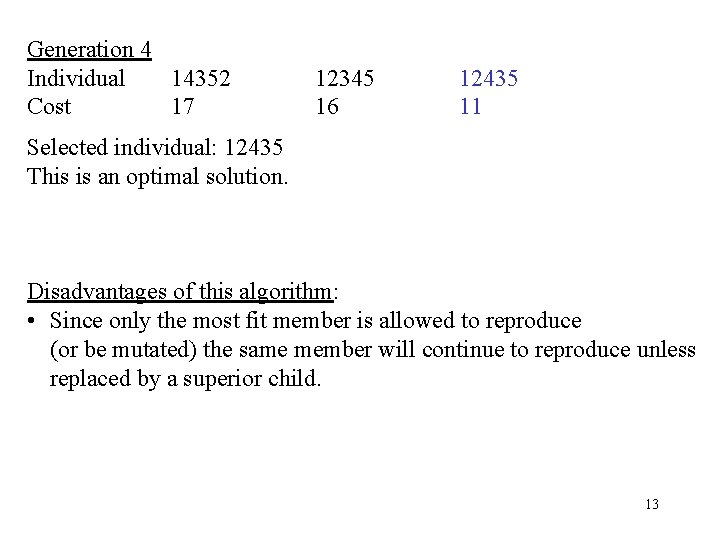 Generation 4 Individual 14352 Cost 17 12345 16 12435 11 Selected individual: 12435 This