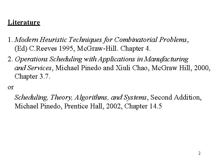 Literature 1. Modern Heuristic Techniques for Combinatorial Problems, (Ed) C. Reeves 1995, Mc. Graw-Hill.