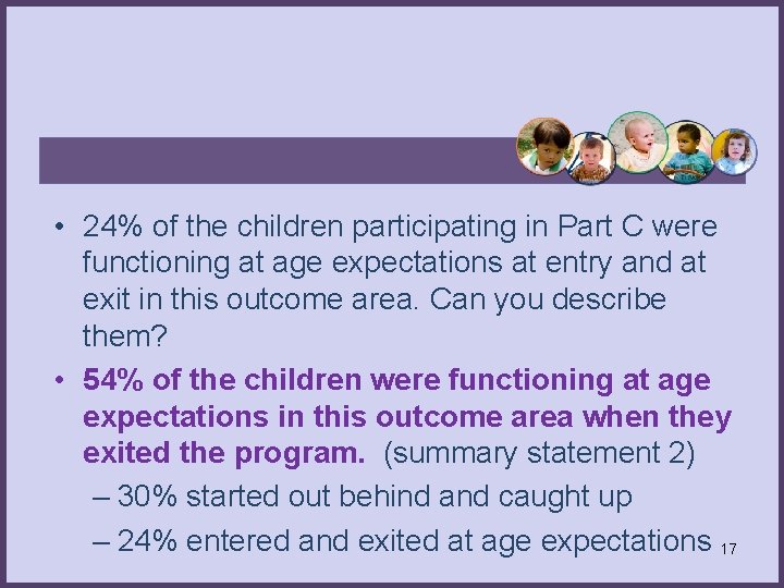  • 24% of the children participating in Part C were functioning at age