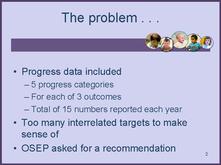 The problem. . . • Progress data included – 5 progress categories – For