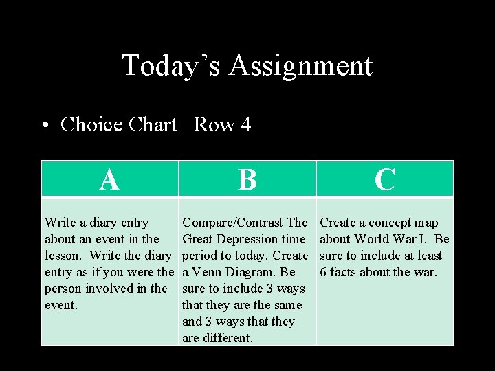 Today’s Assignment • Choice Chart Row 4 A B C Write a diary entry
