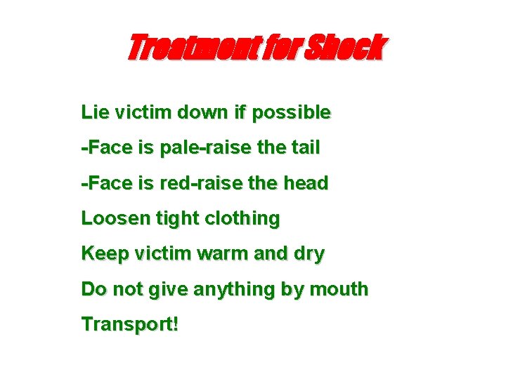 Treatment for Shock Lie victim down if possible -Face is pale-raise the tail -Face
