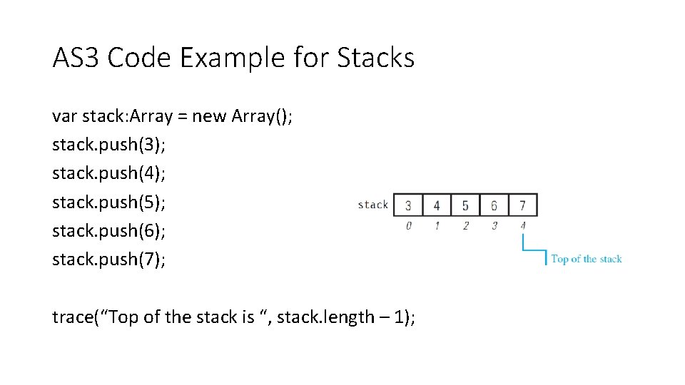 AS 3 Code Example for Stacks var stack: Array = new Array(); stack. push(3);