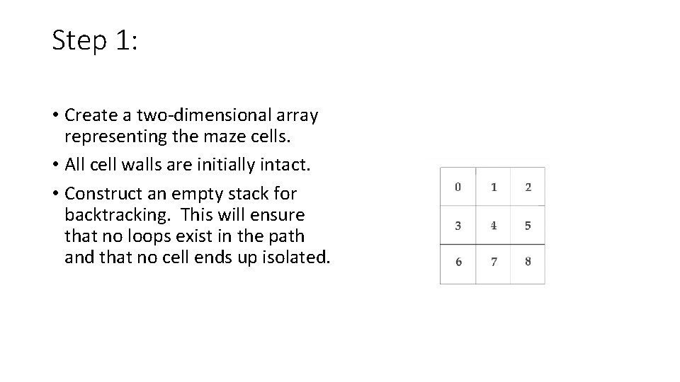 Step 1: • Create a two-dimensional array representing the maze cells. • All cell