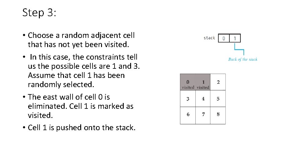 Step 3: • Choose a random adjacent cell that has not yet been visited.