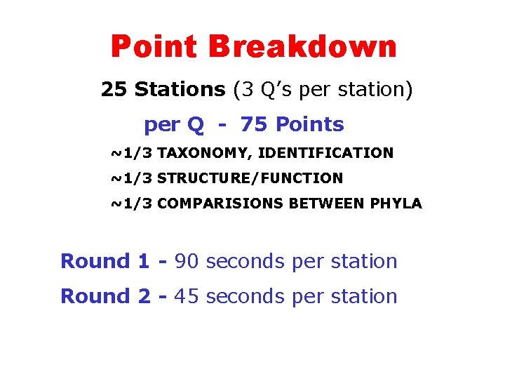 Point Breakdown 25 Stations (3 Q’s per station)) 1 point per Q - 75