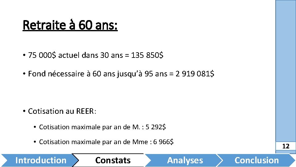 Retraite à 60 ans: • 75 000$ actuel dans 30 ans = 135 850$