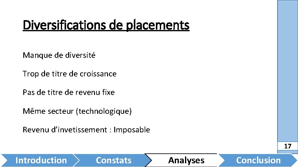 Diversifications de placements Manque de diversité Trop de titre de croissance Pas de titre