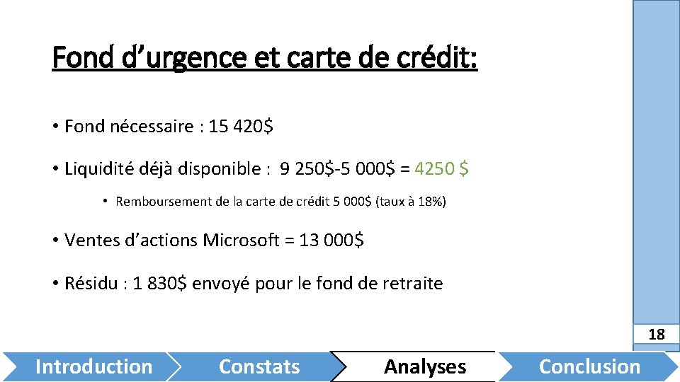 Fond d’urgence et carte de crédit: • Fond nécessaire : 15 420$ • Liquidité