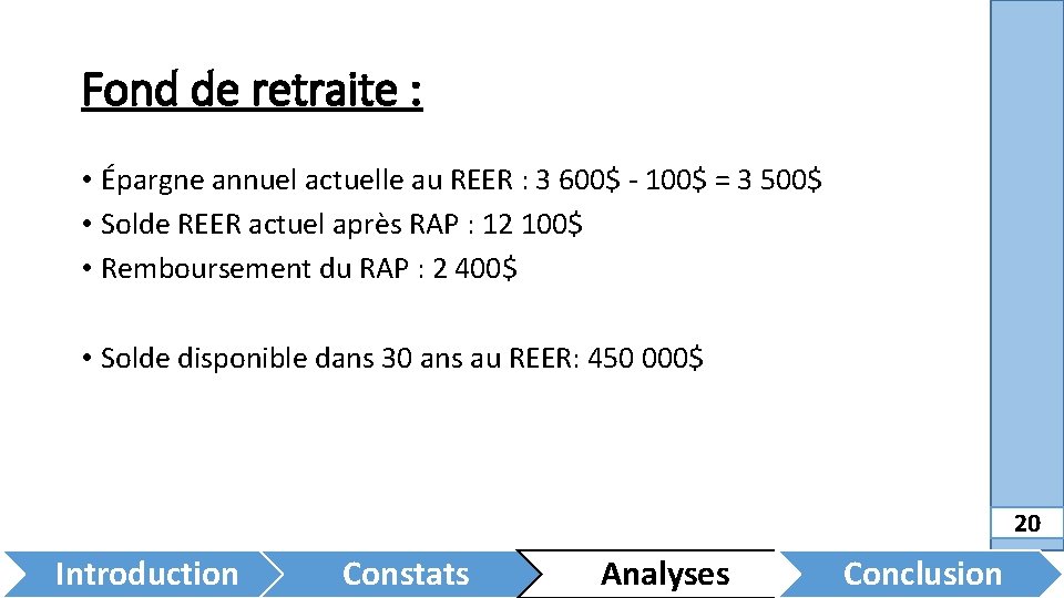 Fond de retraite : • Épargne annuel actuelle au REER : 3 600$ -