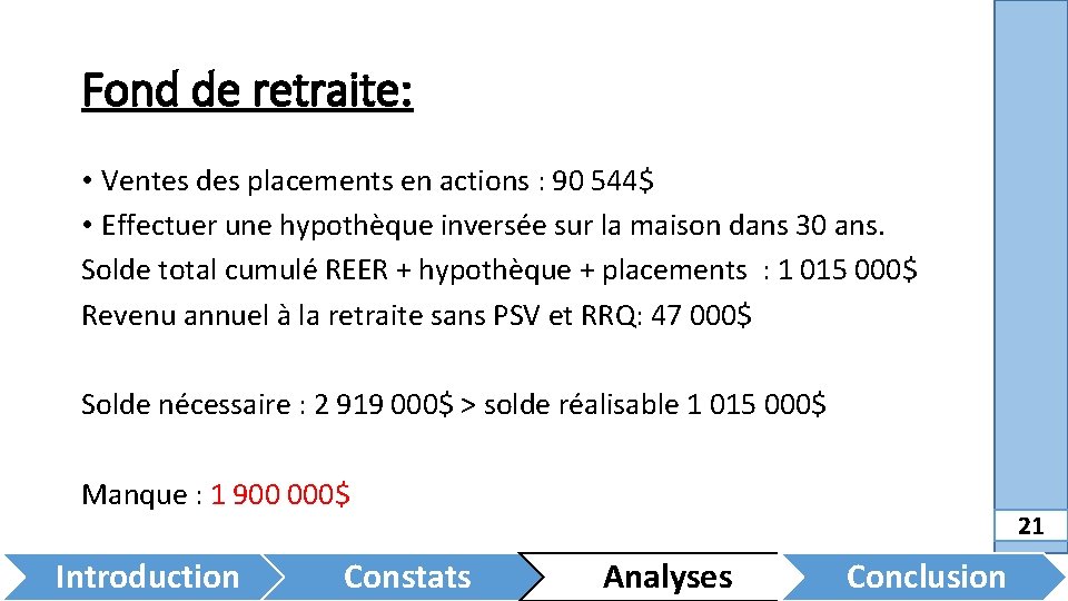 Fond de retraite: • Ventes des placements en actions : 90 544$ • Effectuer