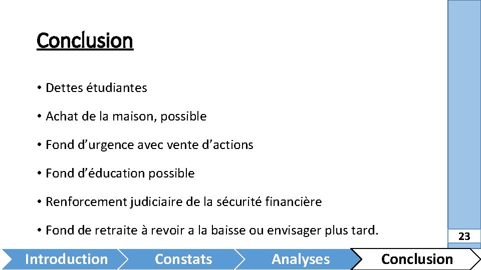 Conclusion • Dettes étudiantes • Achat de la maison, possible • Fond d’urgence avec
