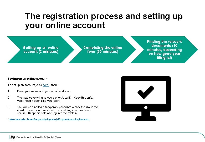 The registration process and setting up your online account Setting up an online account
