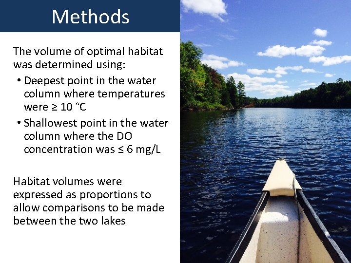 Methods The volume of optimal habitat was determined using: • Deepest point in the