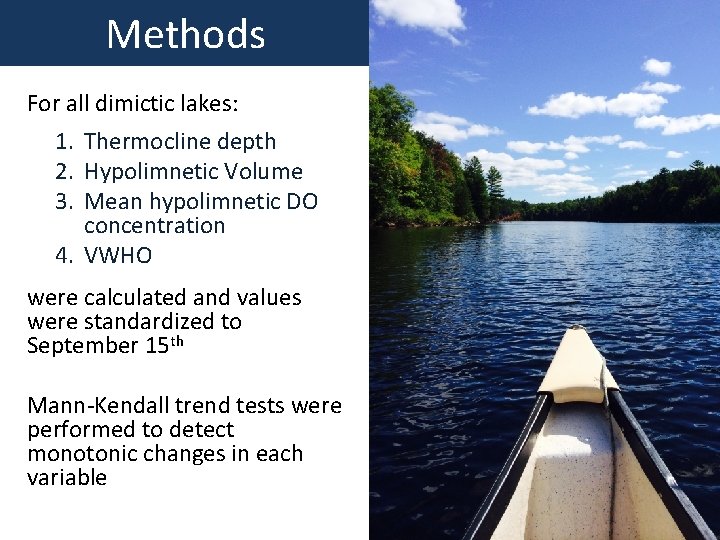 Methods For all dimictic lakes: 1. Thermocline depth 2. Hypolimnetic Volume 3. Mean hypolimnetic