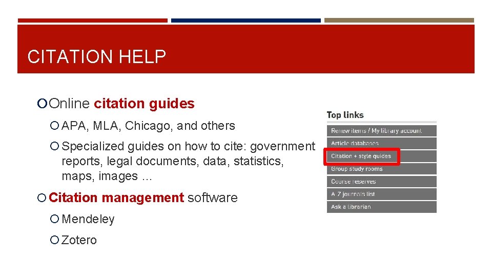 CITATION HELP Online citation guides APA, MLA, Chicago, and others Specialized guides on how