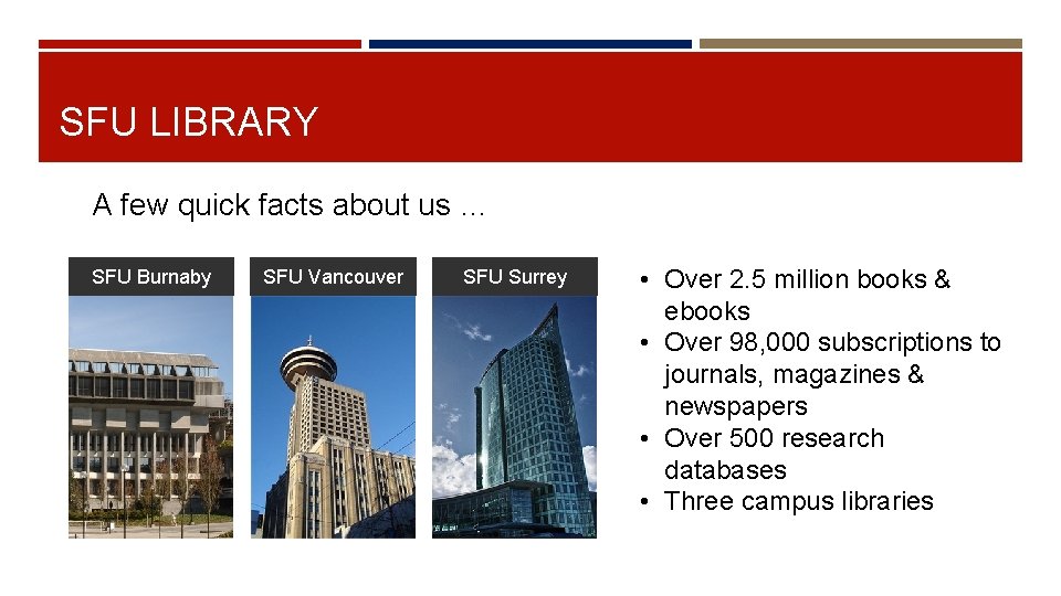SFU LIBRARY A few quick facts about us … SFU Burnaby SFU Vancouver SFU