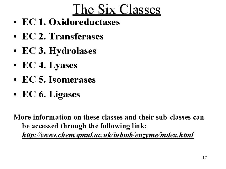  • • • The Six Classes EC 1. Oxidoreductases EC 2. Transferases EC