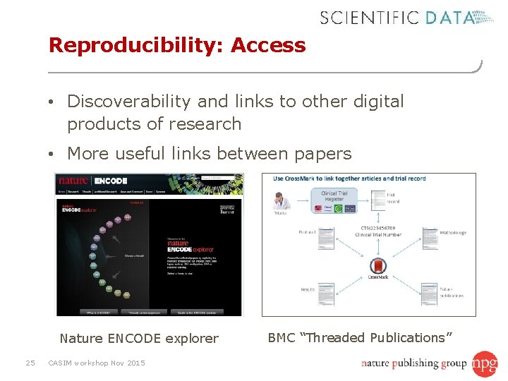 Reproducibility: Access • Discoverability and links to other digital products of research • More