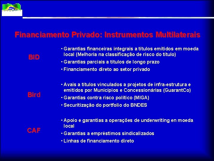 Financiamento Privado: Instrumentos Multilaterais BID • Garantias financeiras integrais a títulos emitidos em moeda